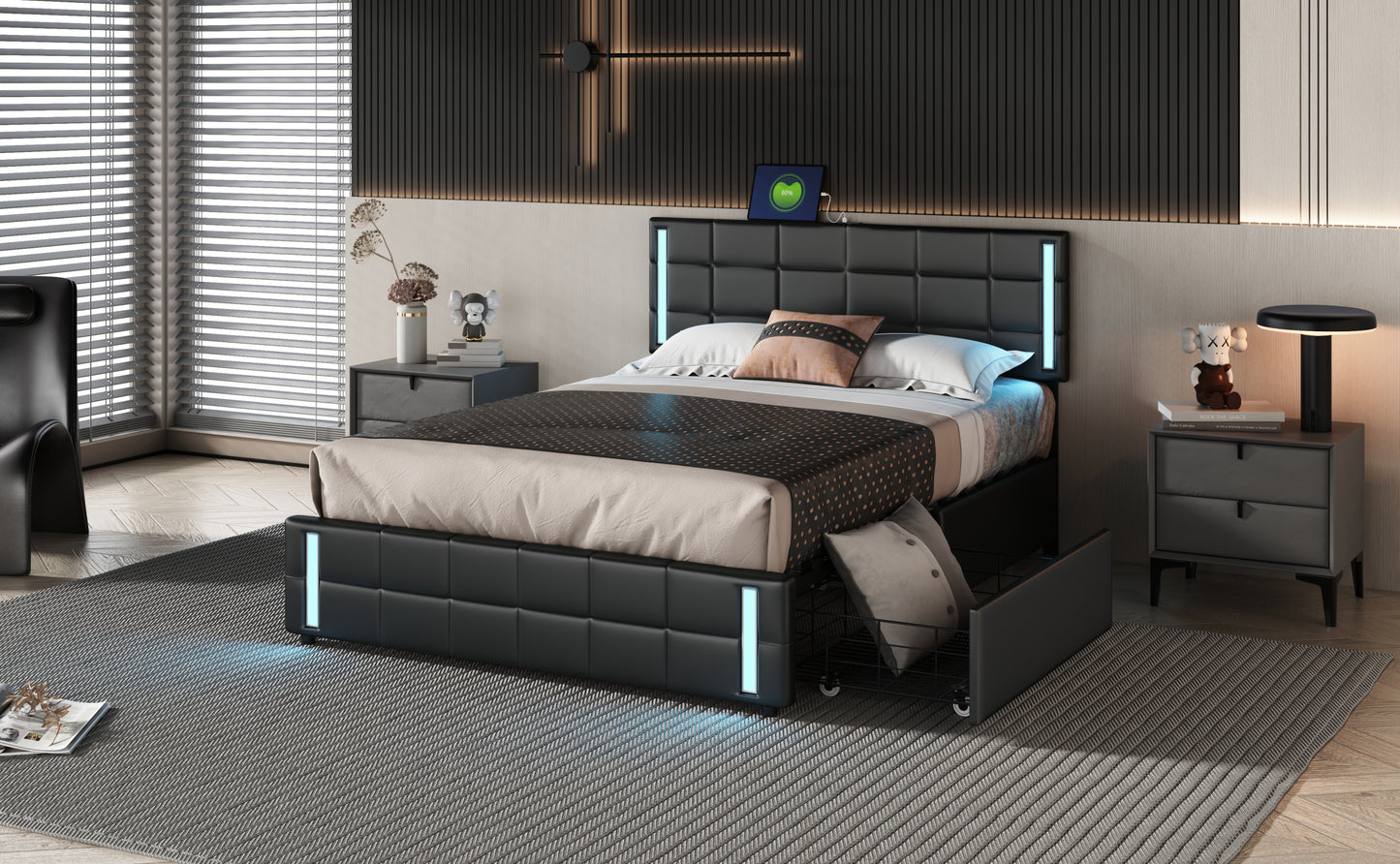 Queen Size Upholstered Platform Bed with LED Lights and USB Charging, Storage Bed with 4 Drawers, Black