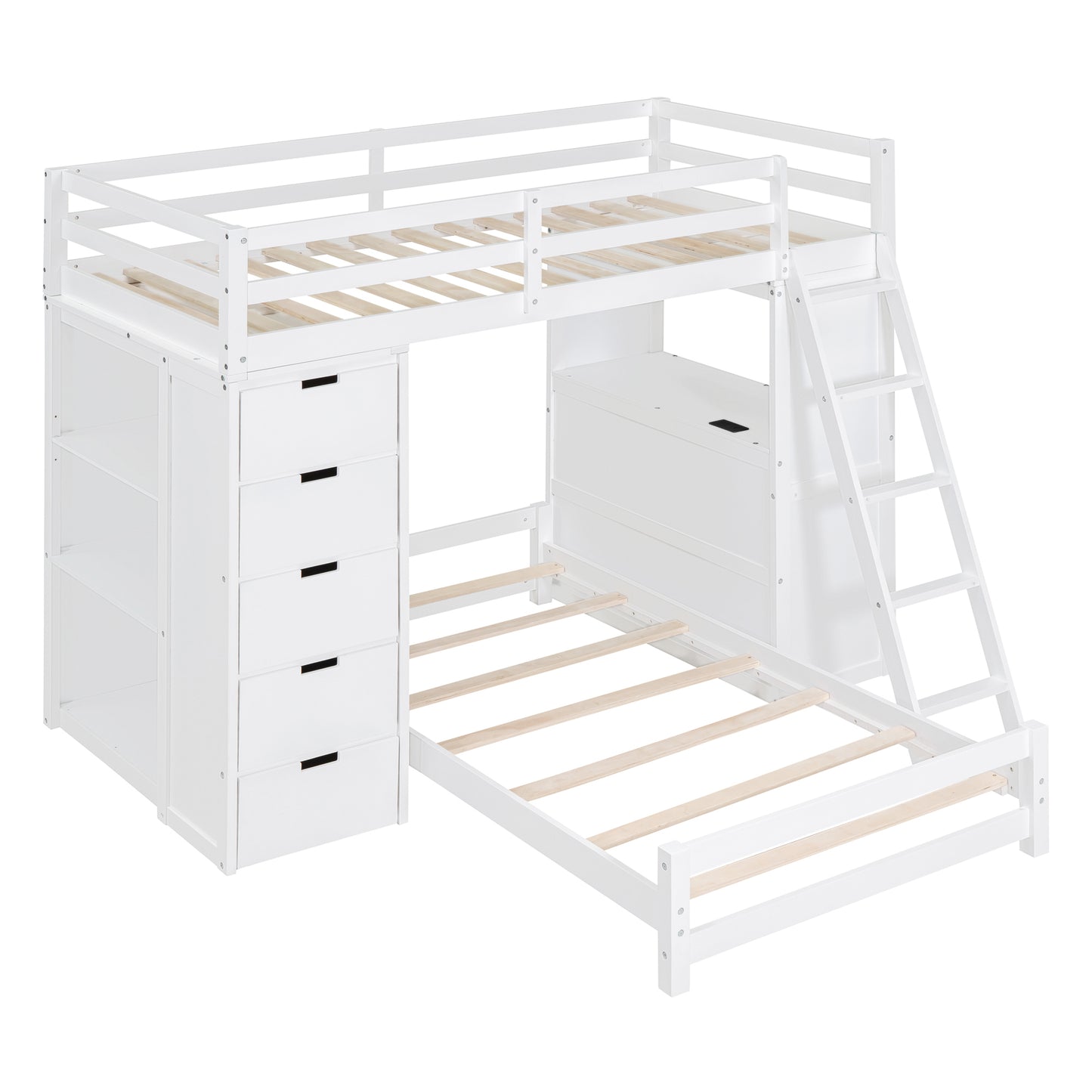 White Twin Bunk Bed with LED Light, USB Ports, and Storage Options