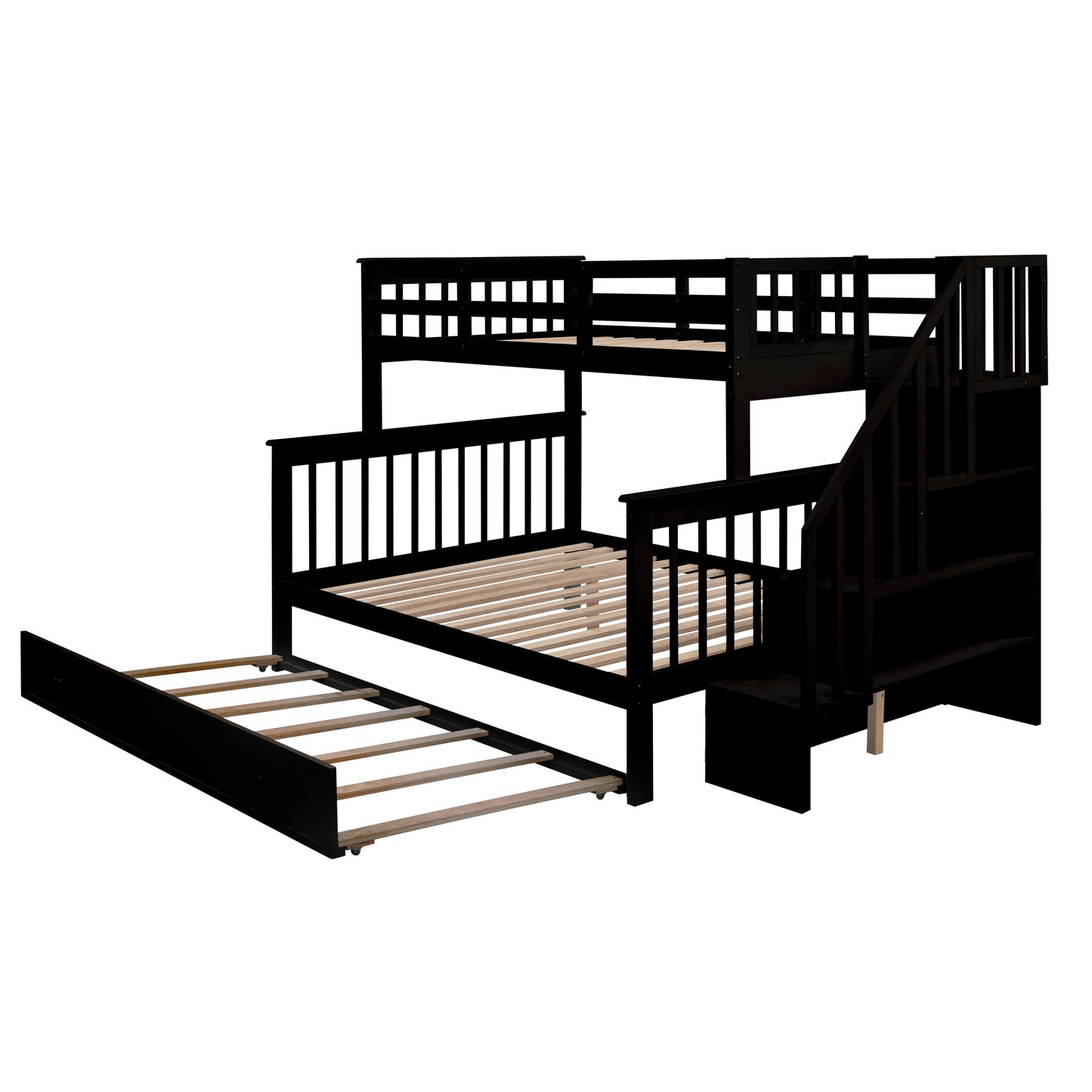 Stairway Bunk Bed with Storage, Trundle, and Guard Rail in Espresso Finish for Adults