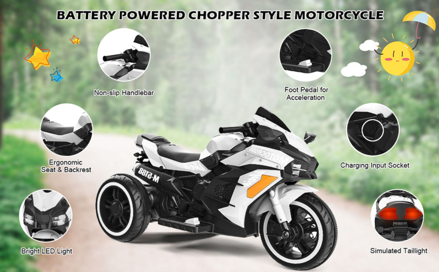 Rechargeable 12V White 3-Wheel Electric Motorcycle for Kids