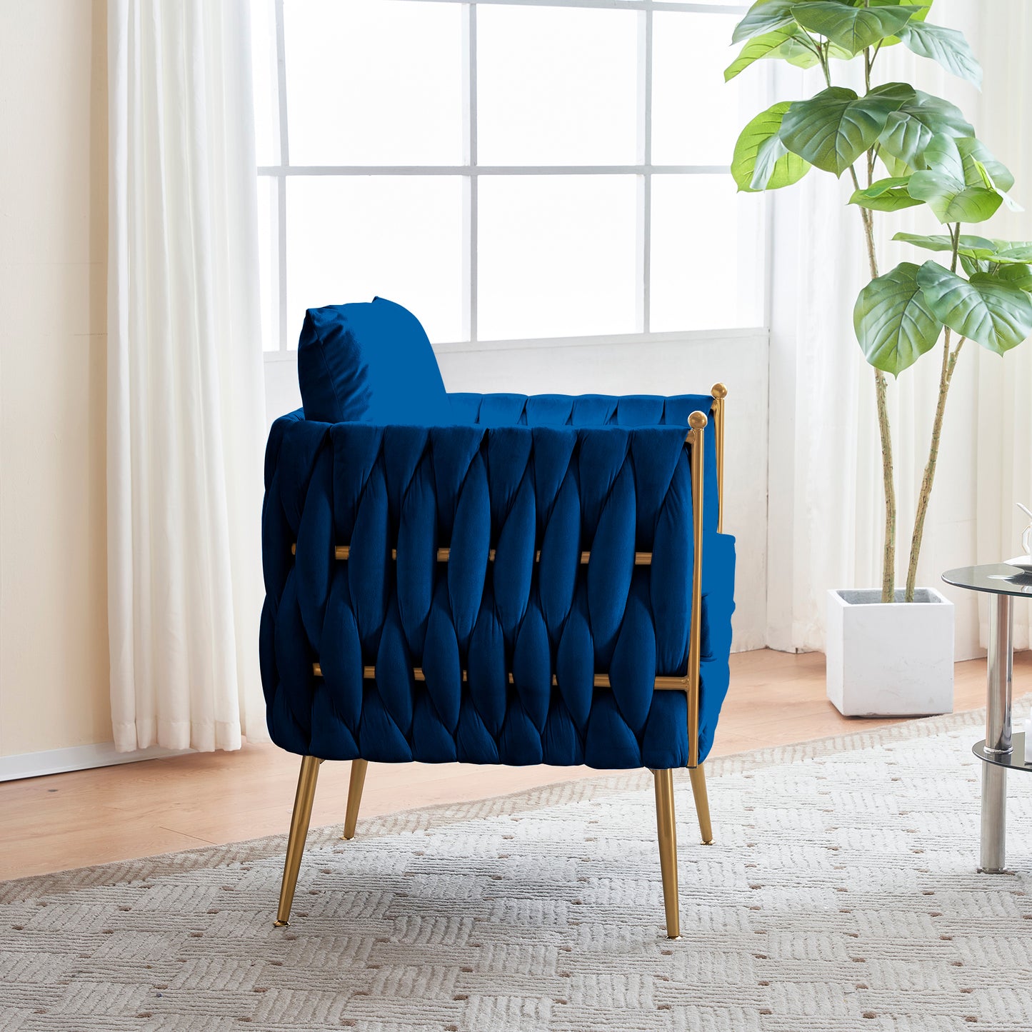 Modern Comfy Handmade Bucket Woven Velvet Accent Chair Arm Chair, Fluffy Tufted Upholstered Single Sofa Chair for Living Room, Bedroom, Office, Waiting Room  Blue Velvet