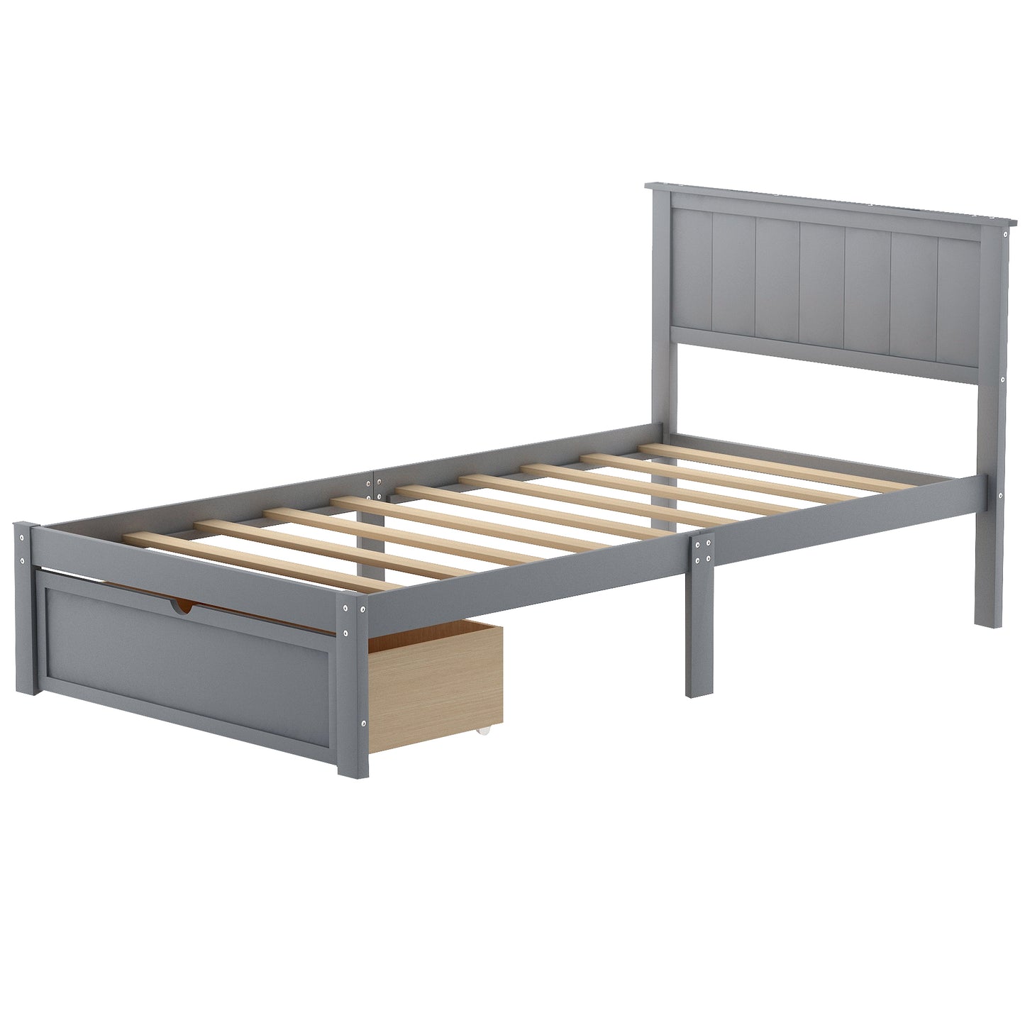 Twin Size Platform Bed with Under-bed Drawer, Gray