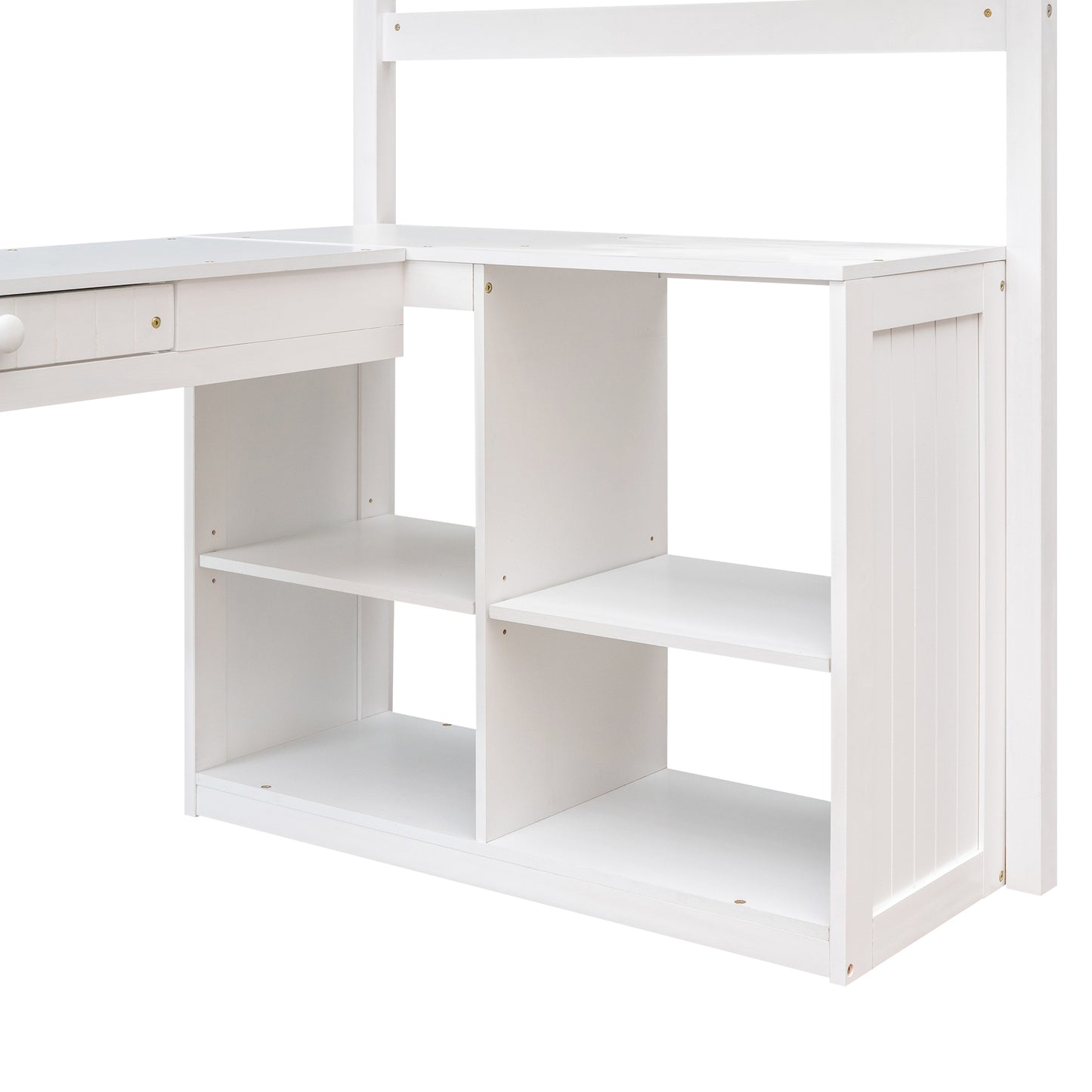 Twin size Loft Bed with Drawers, Cabinet, Shelves and Desk, Wooden Loft Bed with Desk - White( :LT000505AAK)