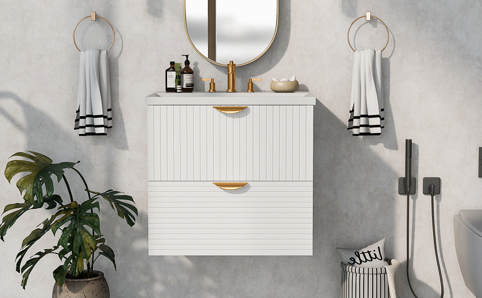 Modern 24-Inch Wall-Mounted Bathroom vanity with 2 Drawers, White  - Ideal for Small Bathrooms