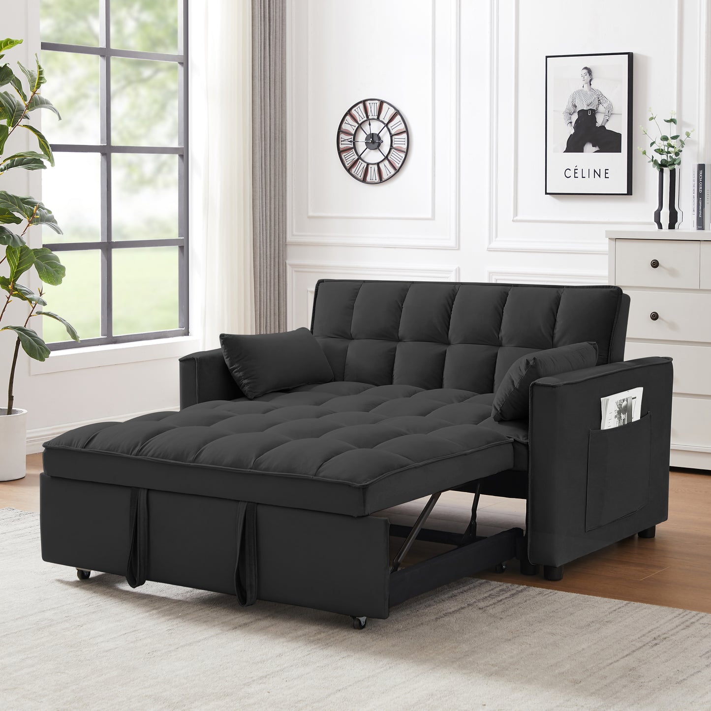 Modern Velvet Loveseat Futon Sofa Couch w/Pullout Bed, Small Love Seat Lounge Sofa w/Reclining Backrest, Toss Pillows, Pockets, Furniture for Living Room,3 in 1 Convertible Sleeper Sofa Bed,  Black