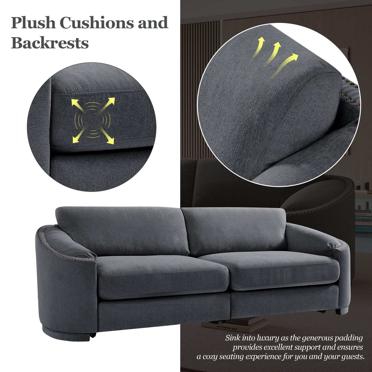 U_Style Stylish Sofa with Semilunar Arm, Rivet Detailing, and Solid Frame for Living Room