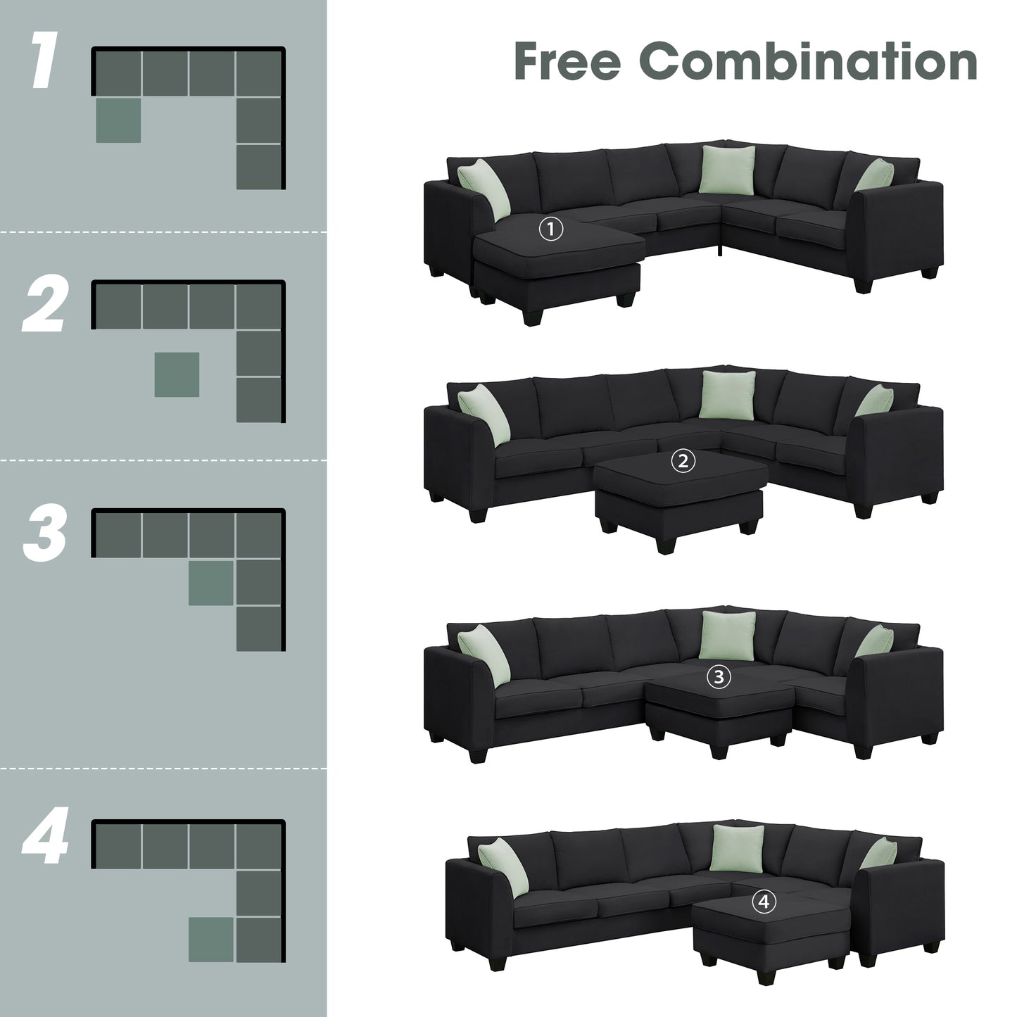 L-Shaped Black Sectional Couch Set with Ottoman and Pillows