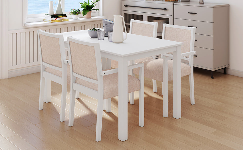 Wood 5-Piece Dining Table Set with 4 Arm Upholstered Dining Chairs,Beige