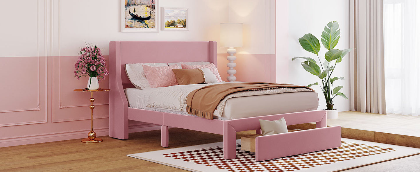 Full Size Storage Bed Velvet Upholstered Platform Bed with a Big Drawer - Pink