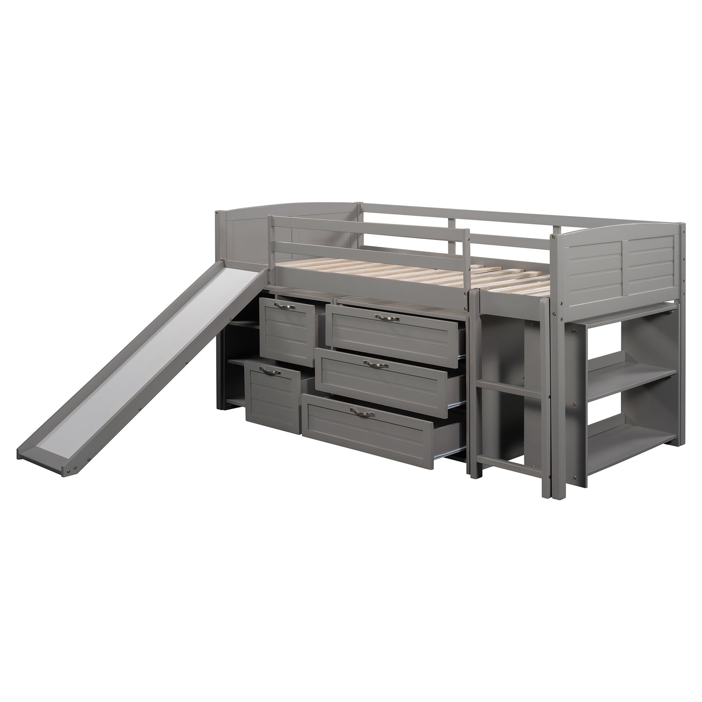 Low Twin Size Loft Bed with Cabinets, Shelves and Slide - Gray