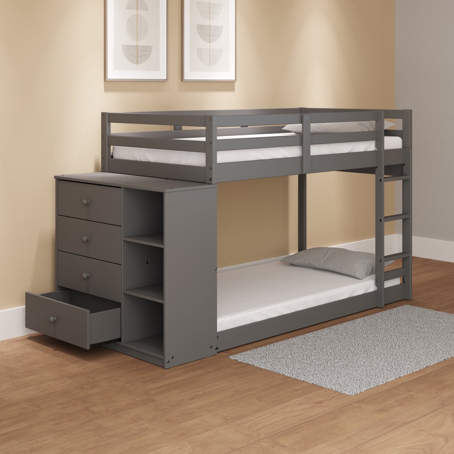 Gray Finish Twin Bunk Bed with Storage and Cabinet - Stylish and Functional Twin/Twin Bunk Bed