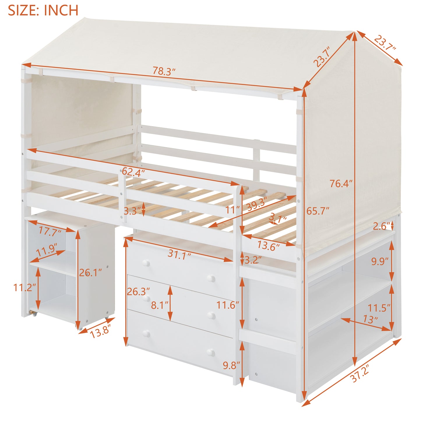 Twin Size Loft Bed with Rolling Cabinet, Shelf and Tent - White