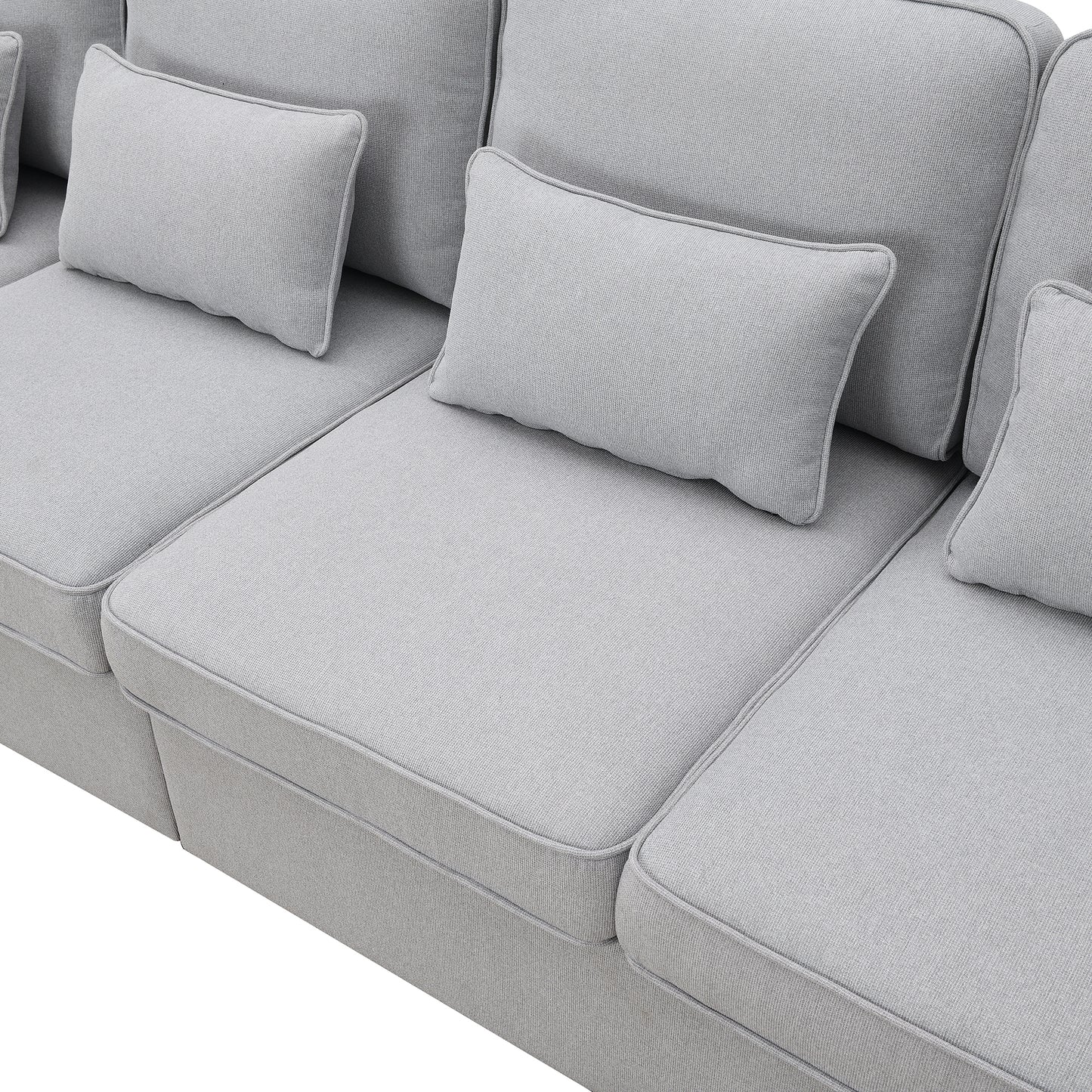 Spacious 4-Seater Linen Fabric Sofa with Armrest Pockets and 4 Pillows