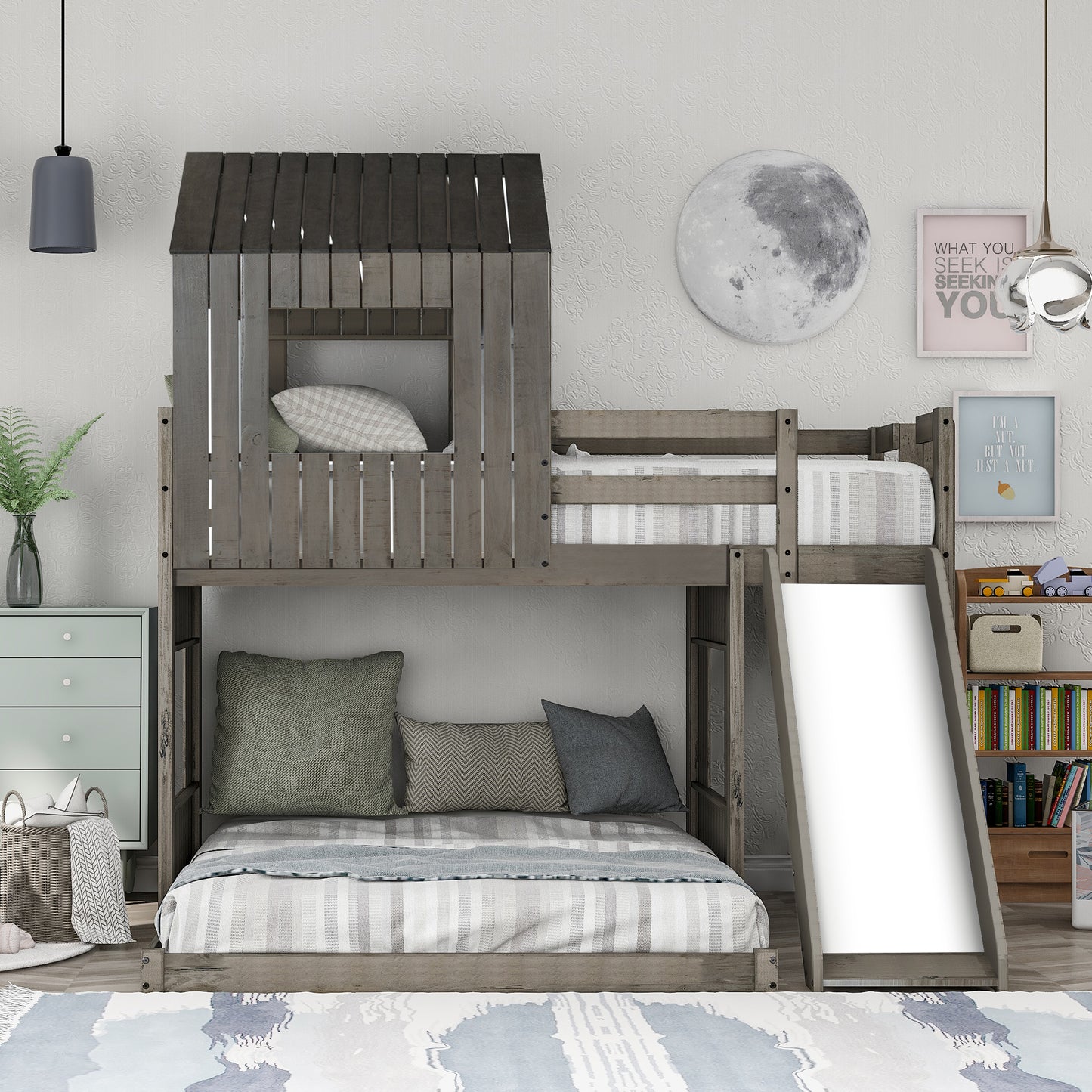 Playhouse Twin Over Full Bunk Bed with Ladder, Slide, and Guardrails in Farmhouse Style