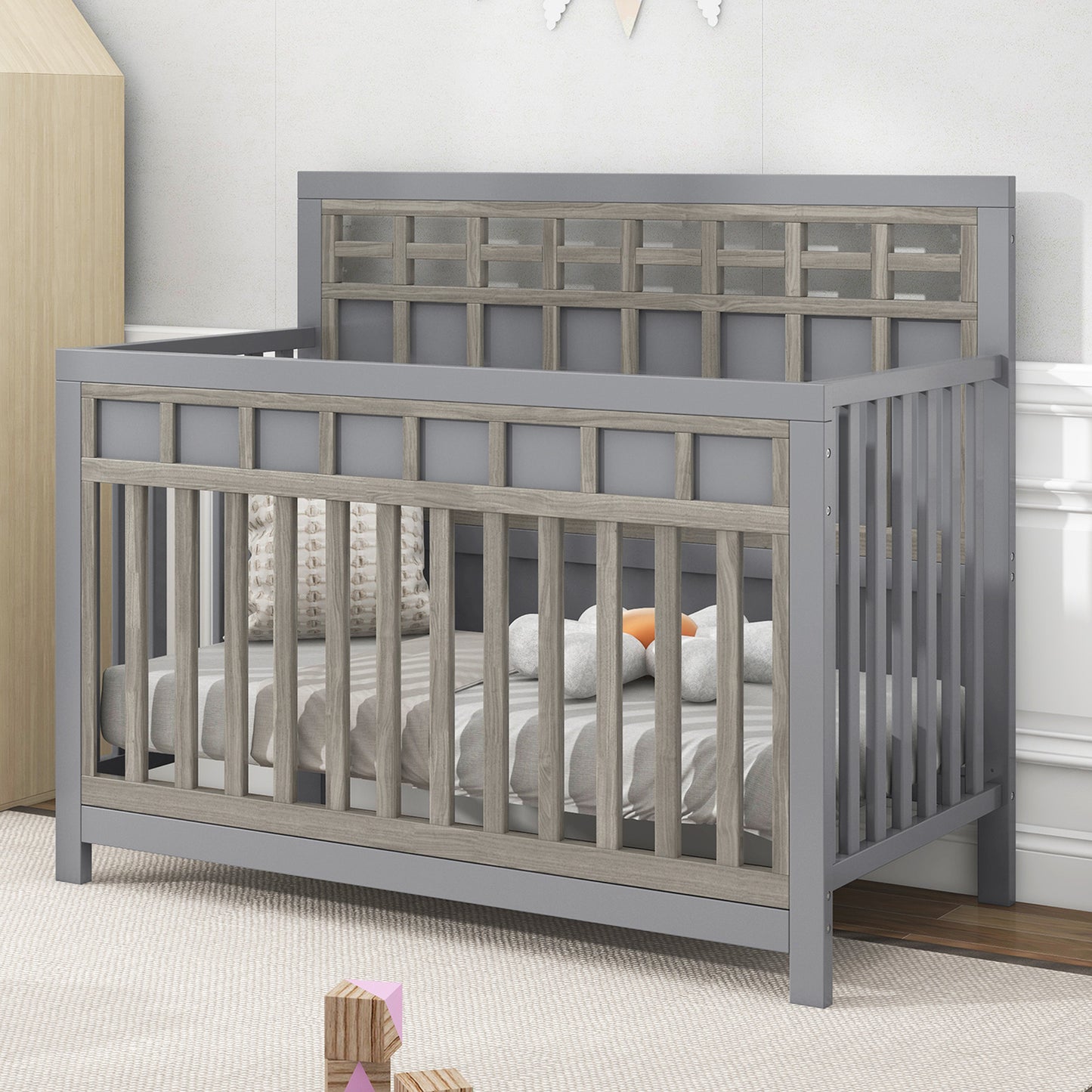 3 Pieces Nursery Sets Baby Crib and Changer Dreeser with Removable Changing Tray Bedroom Sets Gray