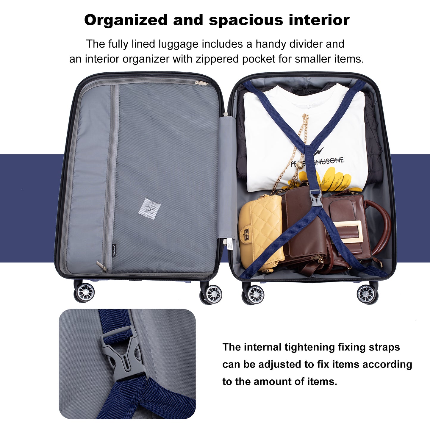 Hardshell Suitcase Spinner Wheels PP Luggage Sets Lightweight Durable Suitcase with TSA Lock,3-Piece Set (20/24/28) ,Navy