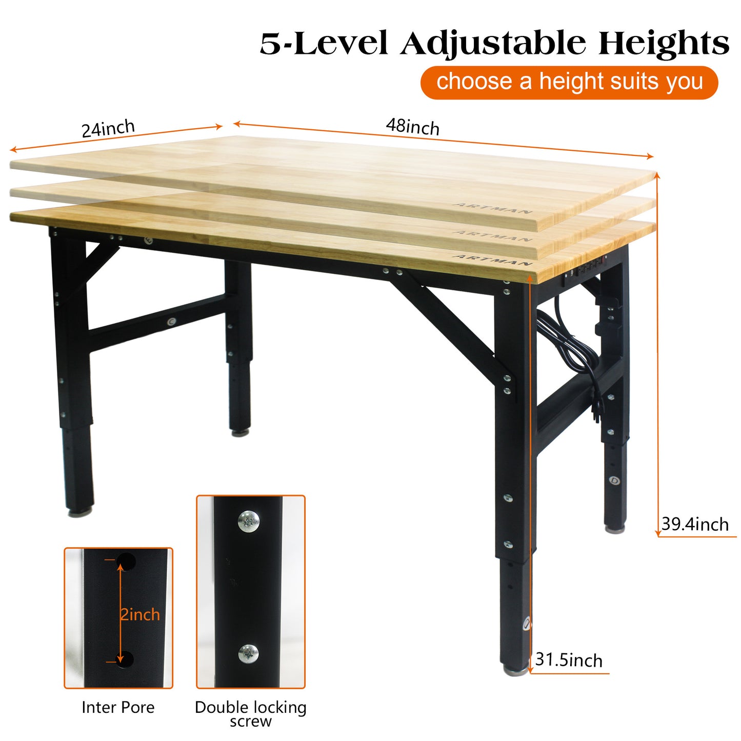 Adjustable Steel Workstation with Hardwood Top and Built-In Power Outlets