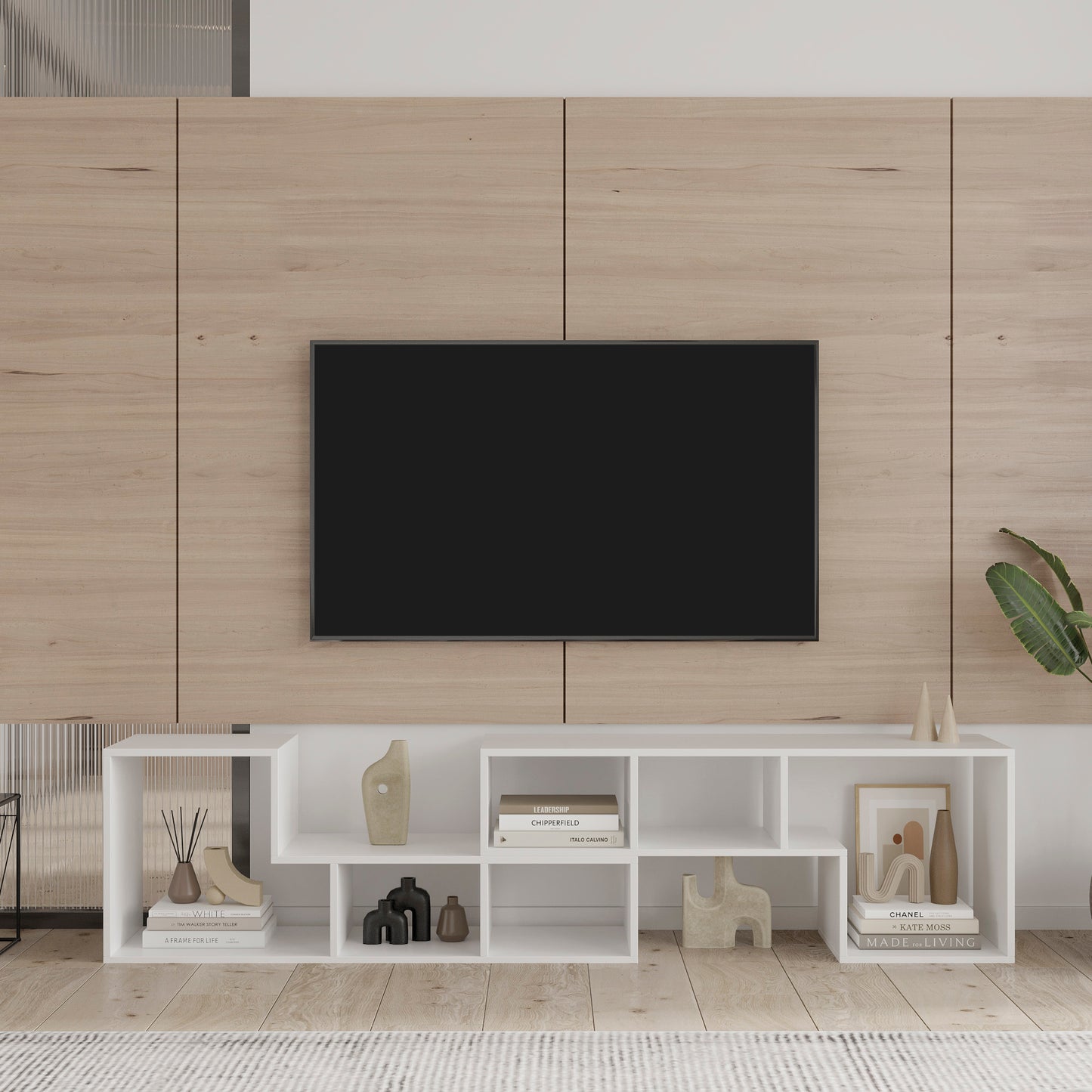 Versatile White TV Stand with Display Shelves and Bookcase