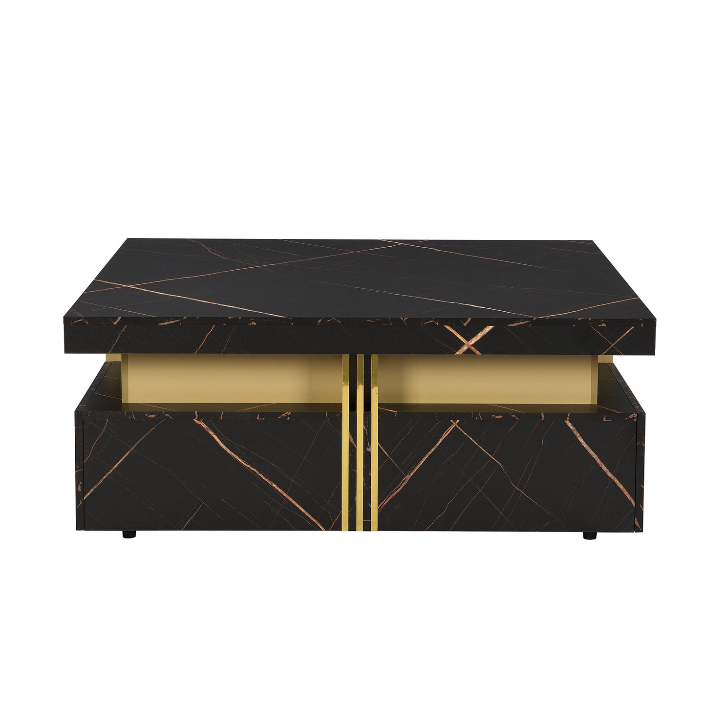 Contemporary Square Black Coffee Table with Gold Accents and Storage Drawers