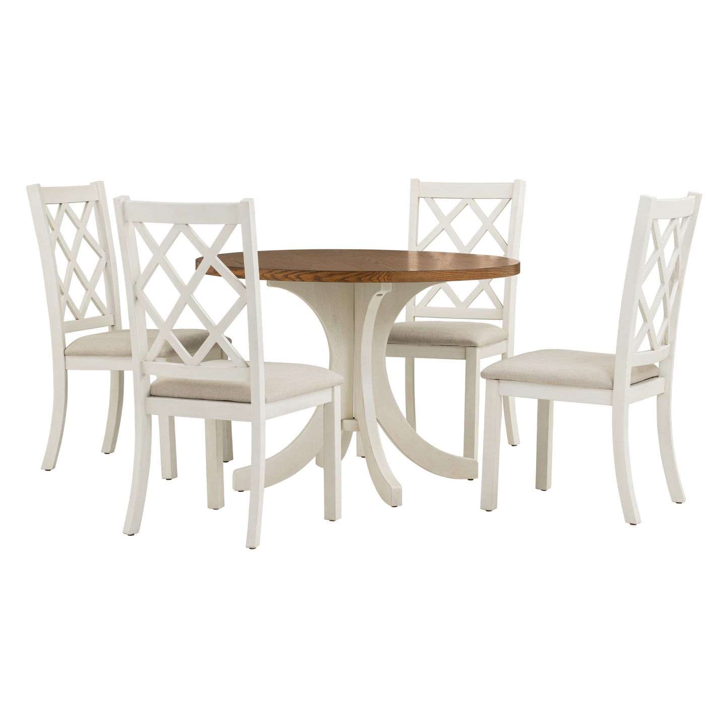 Mid-Century Solid Wood 5-Piece Round Dining Table Set, Kitchen Table Set with Upholstered Chairs for Small Places, Walnut Table+Beige Chair