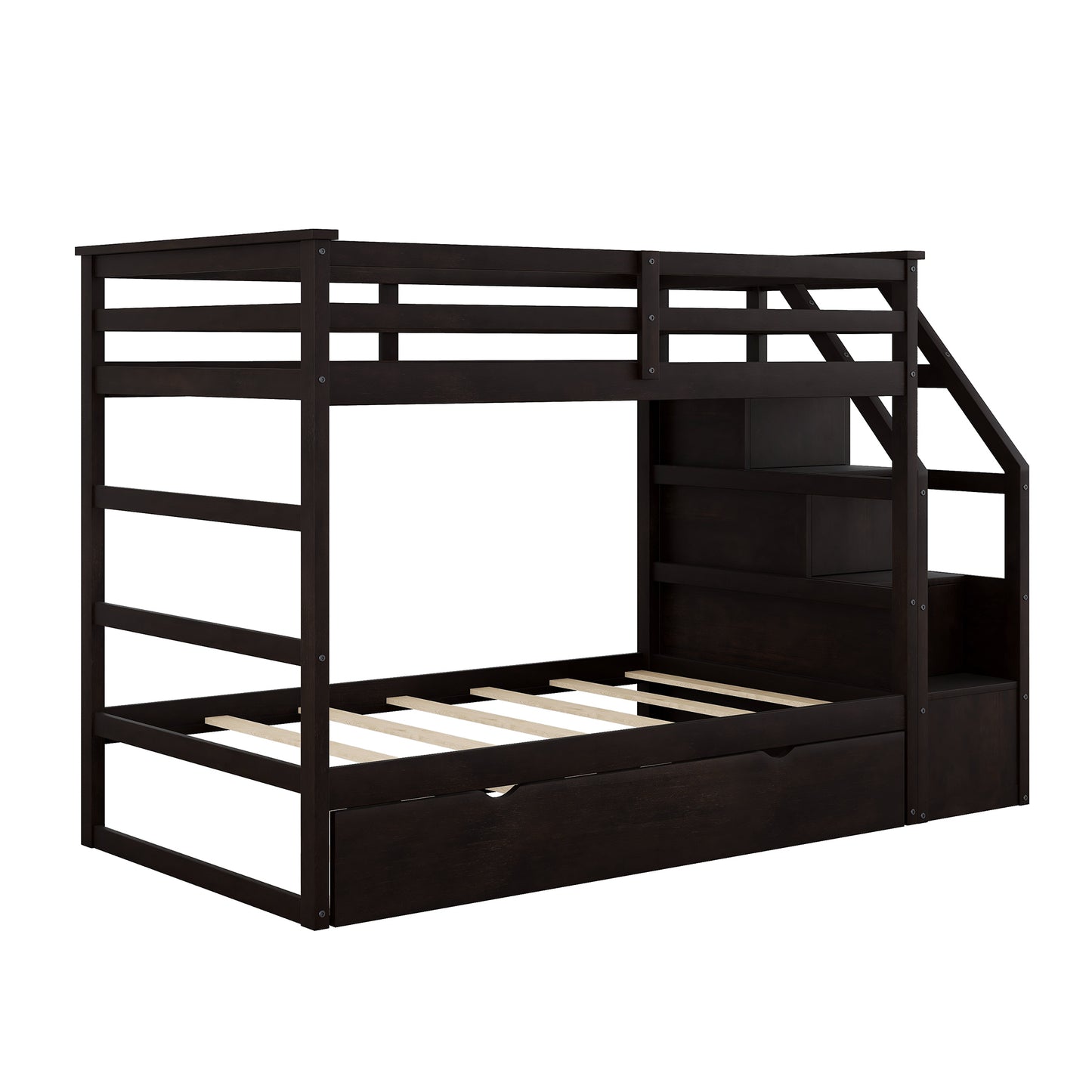 Elegantly Functional Espresso Twin Bunk Bed with Trundle, Stairs, and Storage