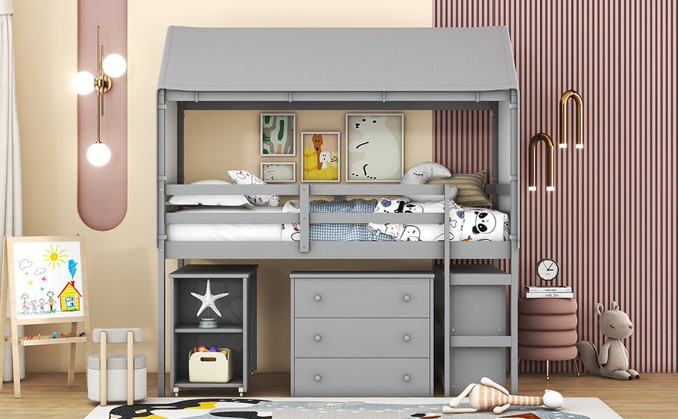 Twin Size Loft Bed with Rolling Cabinet, Shelf and Tent - Gray