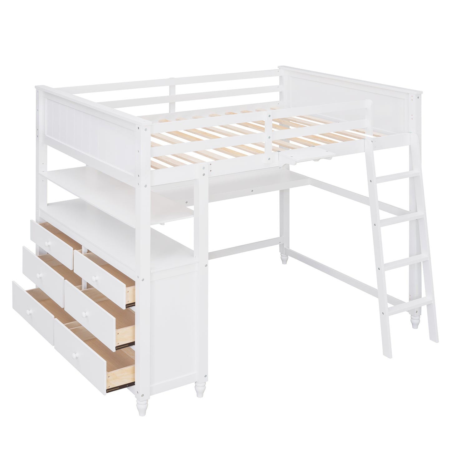 Full size Loft Bed with Drawers and Desk, Wooden Loft Bed with Shelves - White