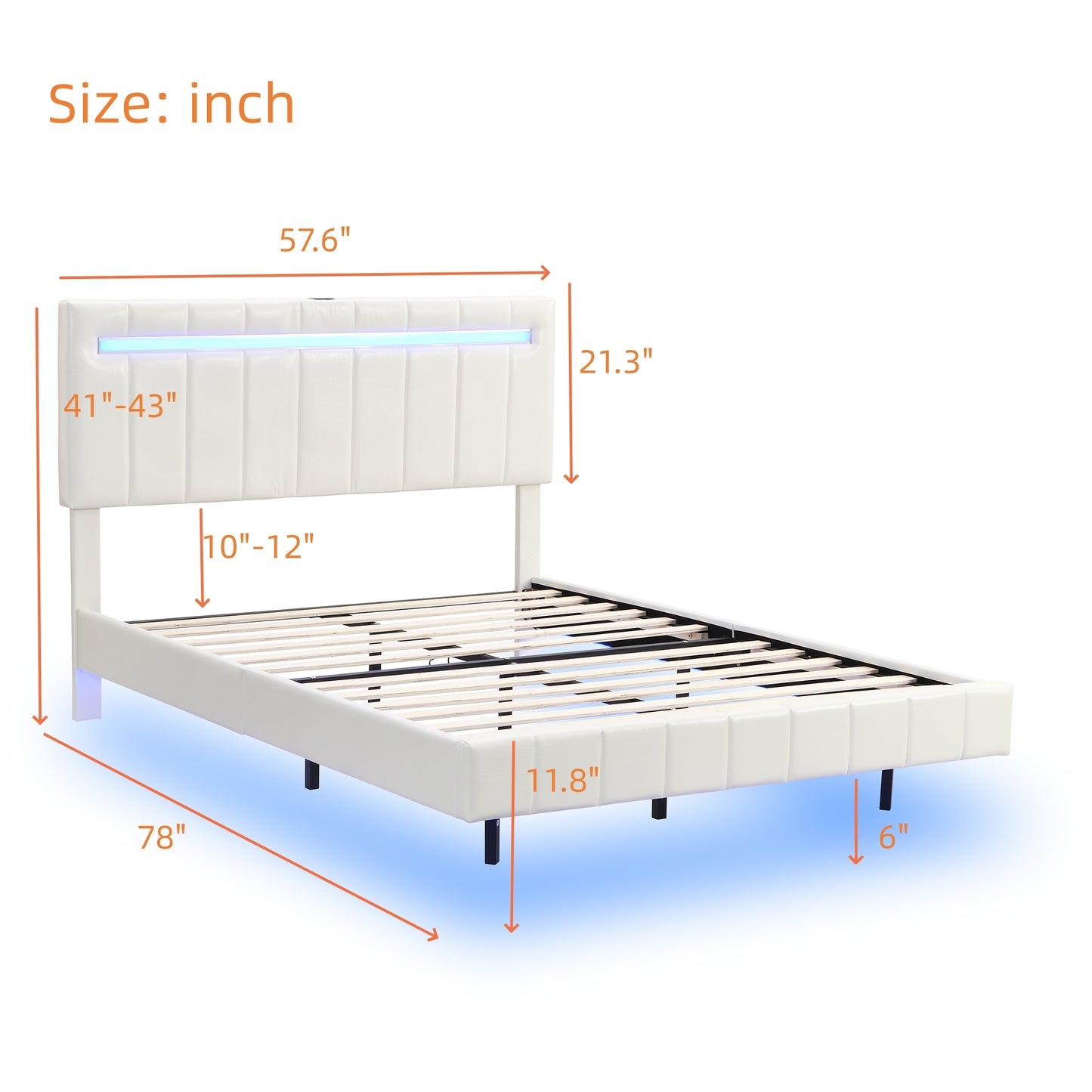 Full Size Floating Bed Frame with LED Lights and USB Charging,Modern Upholstered Platform LED Bed Frame,White(Full)