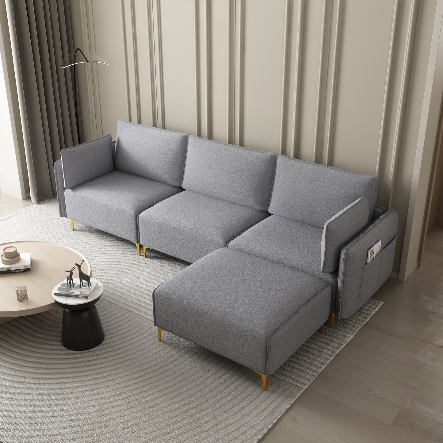 L Shape Sectional Sofa with USB Grey Fabric