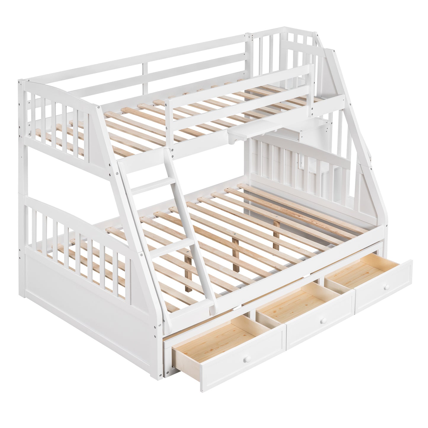 White Bunk Bed with Drawers, Ladder, and Storage Staircase for Twin and Full Sizes