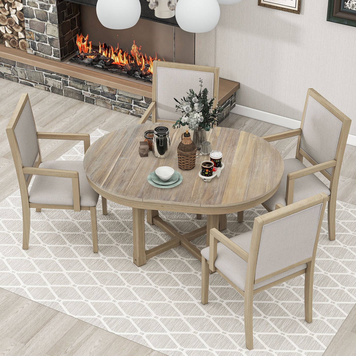 TREXM 5-Piece Dining Table Set, Two-Size Round To Oval Extendable Butterfly Leaf Wood Dining Table and 4 Upholstered Dining Chairs with Armrests (Natural Wood Wash)