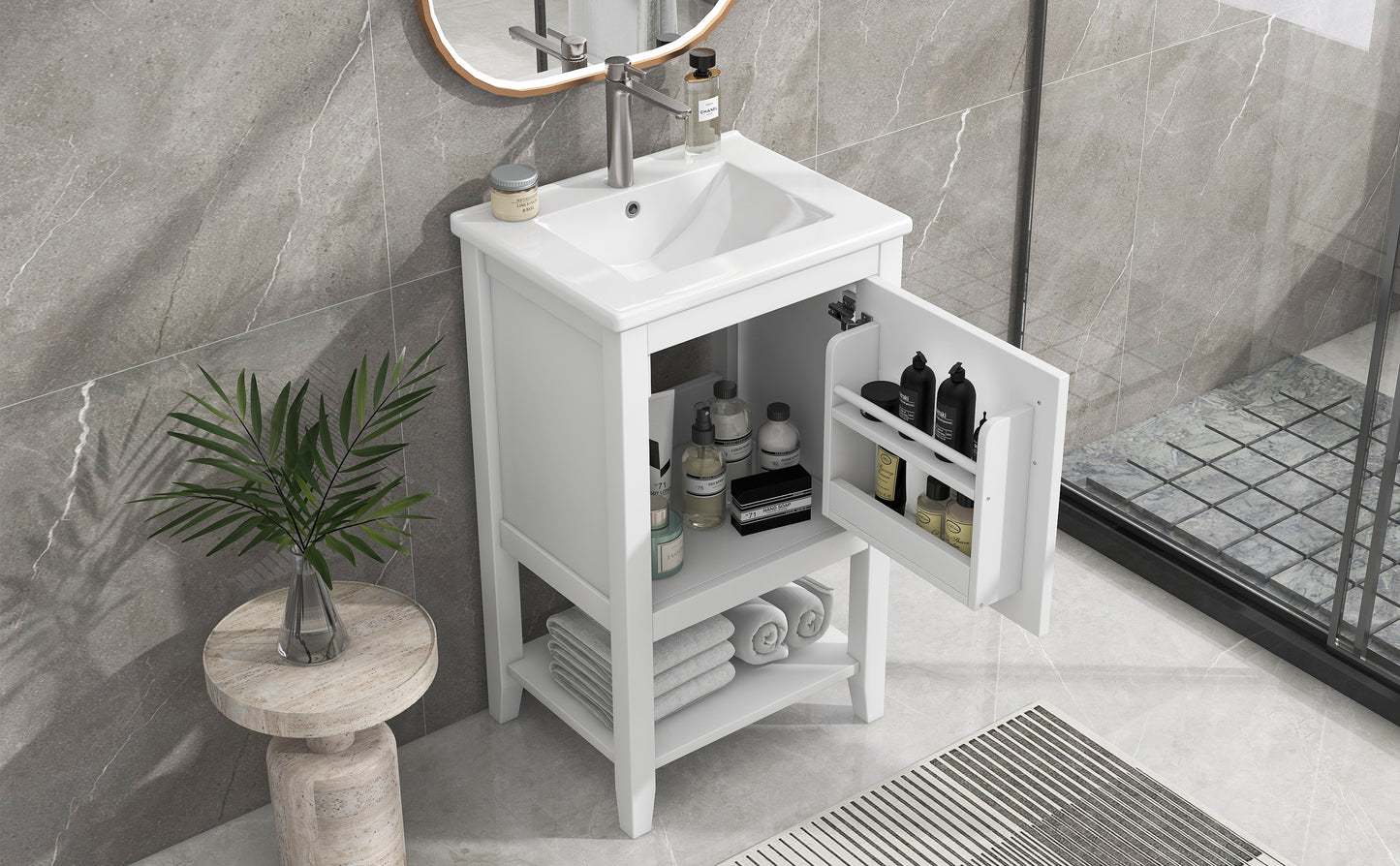 20" Bathroom Vanity with Sink, Bathroom Cabinet with Soft Closing Door, Storage Rack and Open Shelf, White