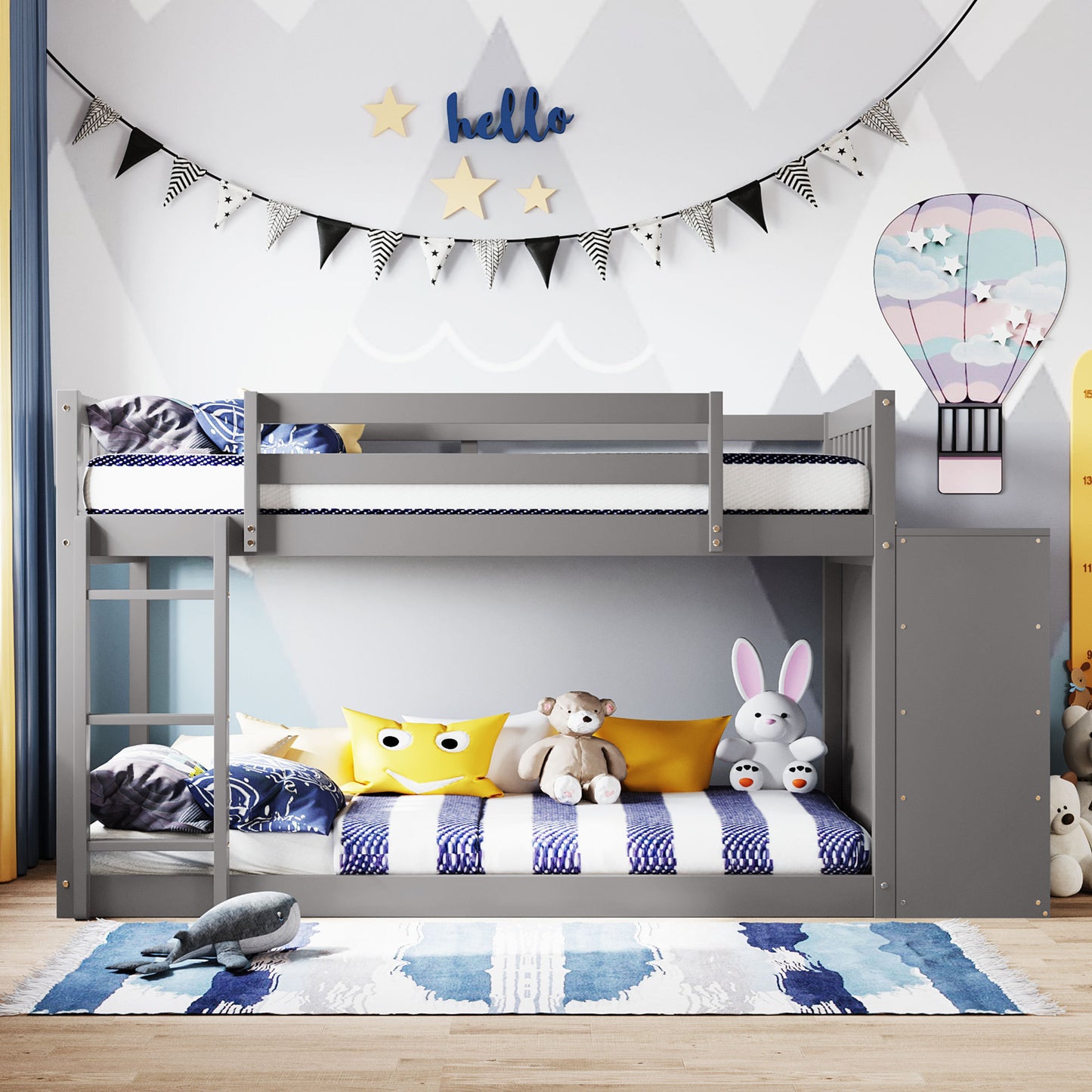 Space-Saving Gray Twin Bunk Bed with Storage and Built-in Shelves for Twin over Twin Configuration