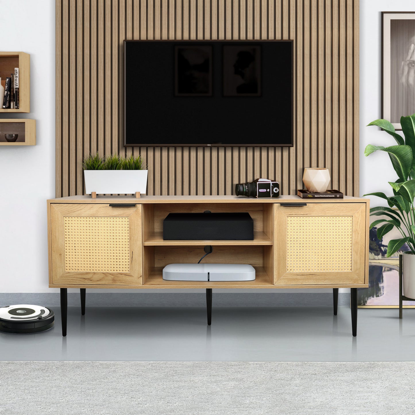 Rattan-Doored Wooden TV Stand with Open Shelves for TVs up to 65 Inches