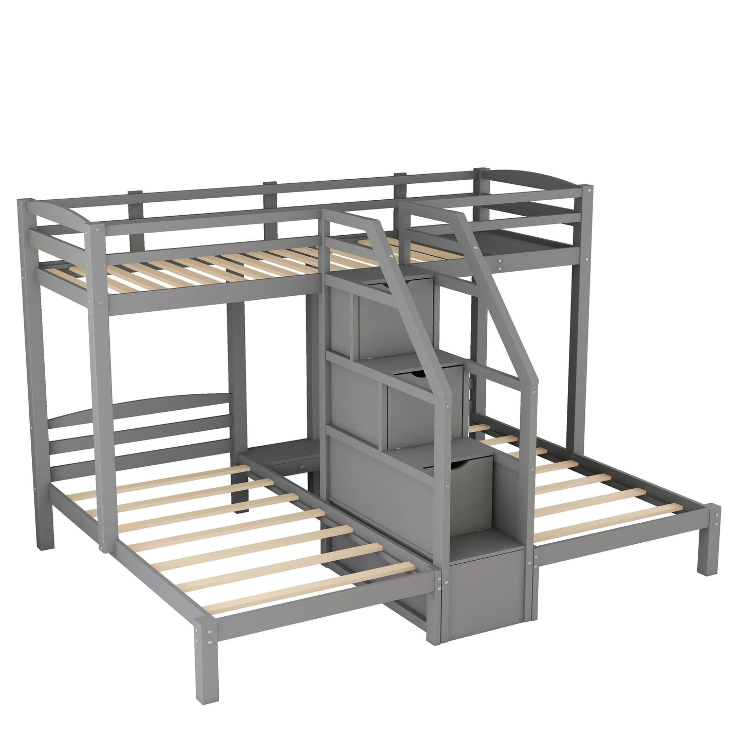 Gray Triple Twin Bunk Bed with Staircase and Storage Drawer