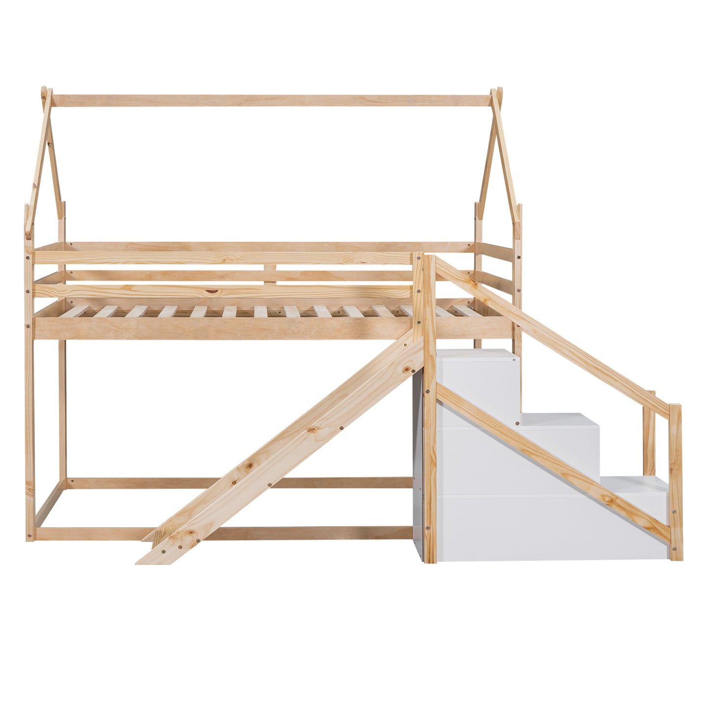 Twin House Loft Bunk Bed with Slide, Staircase, and Storage for Kids, Natural