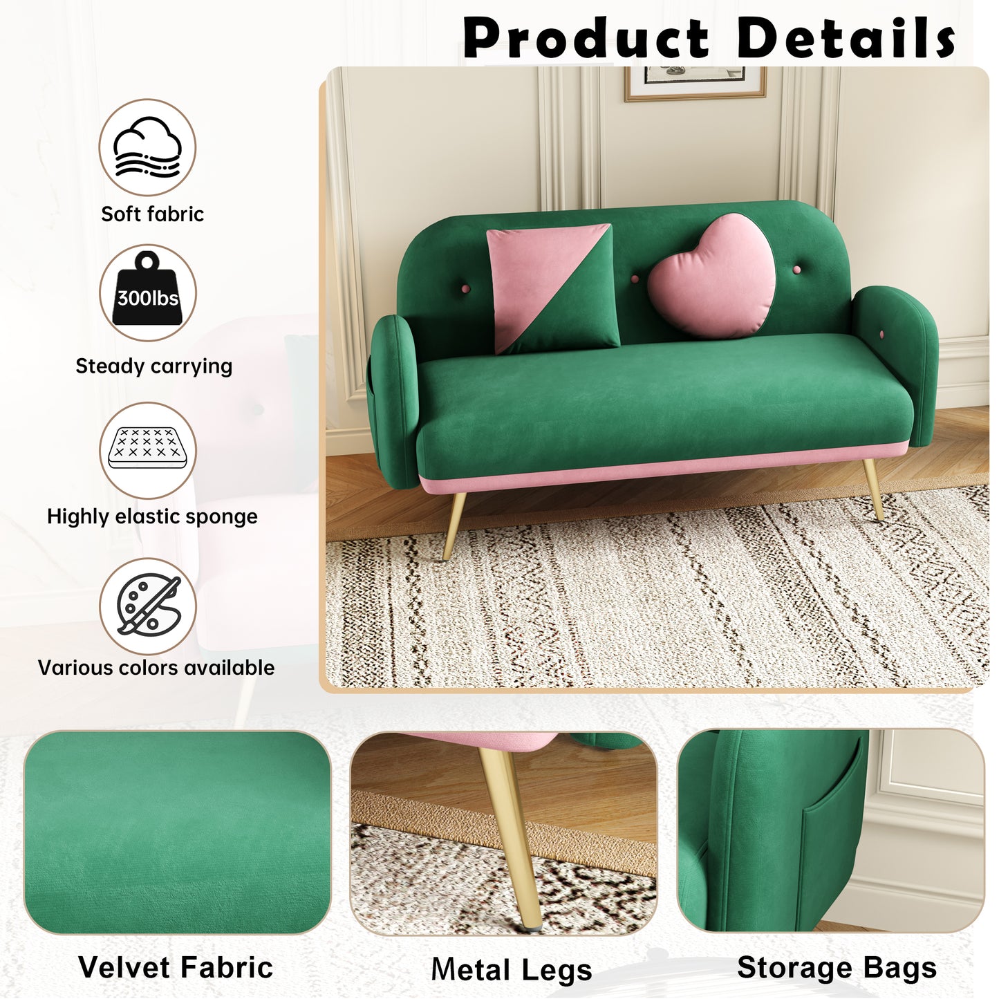 58 Green Velvet Sofa with 2 Pillows for Small Spaces