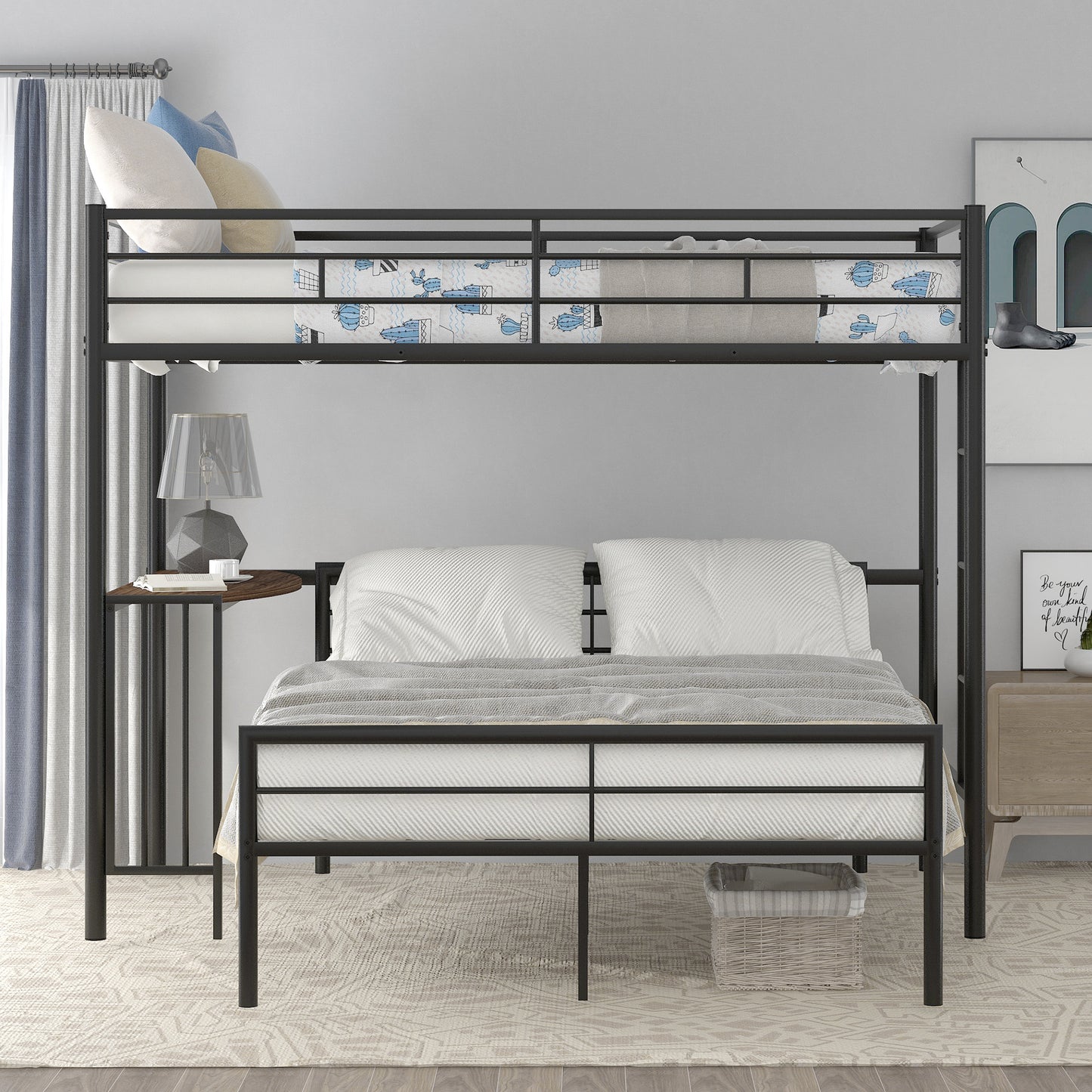 Metallic Black Bunk Bed with Desk and Full Over Twin Configuration