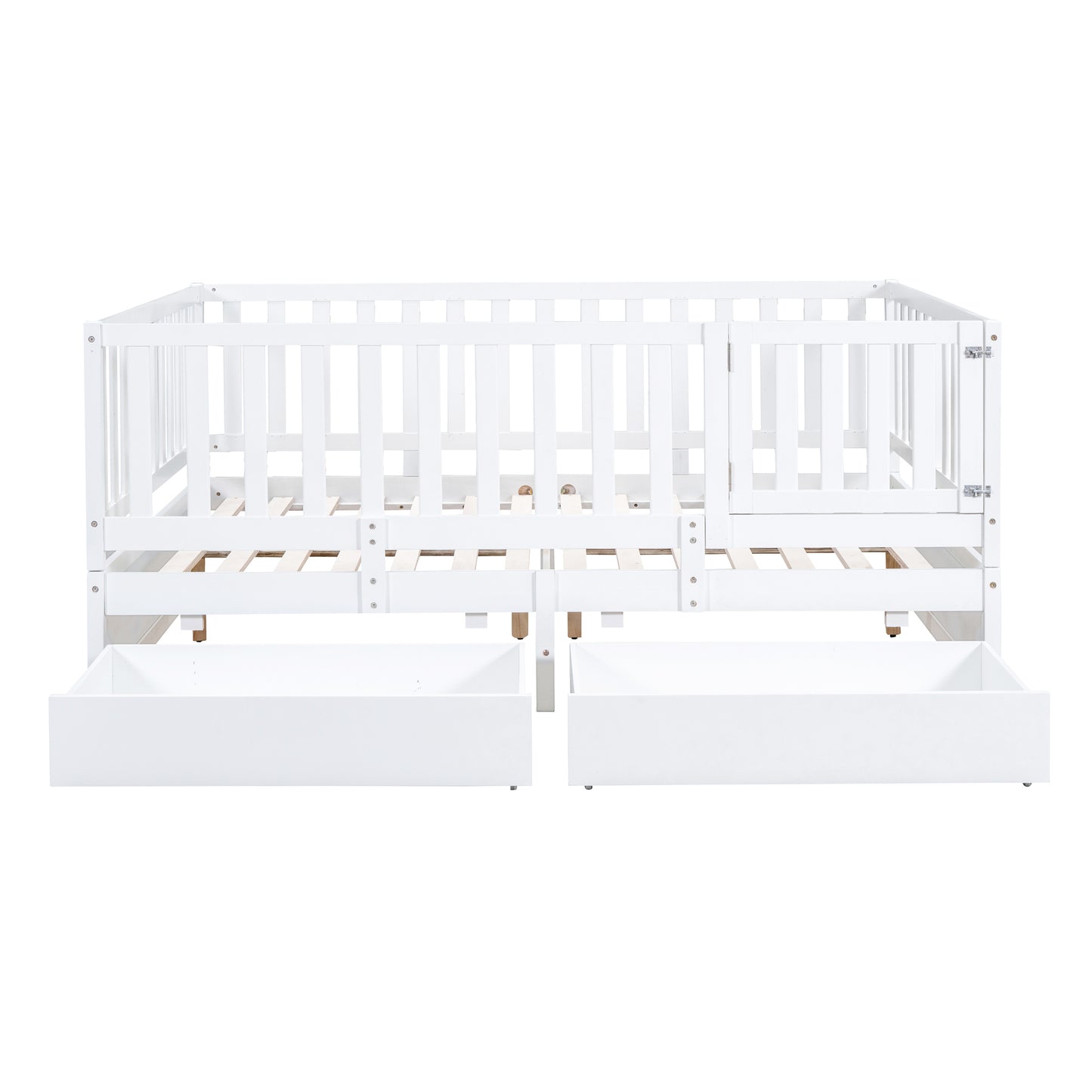 Full Size Wood Daybed with Fence Guardrails and 2 Drawers, Split into Independent Floor Bed & Daybed, White