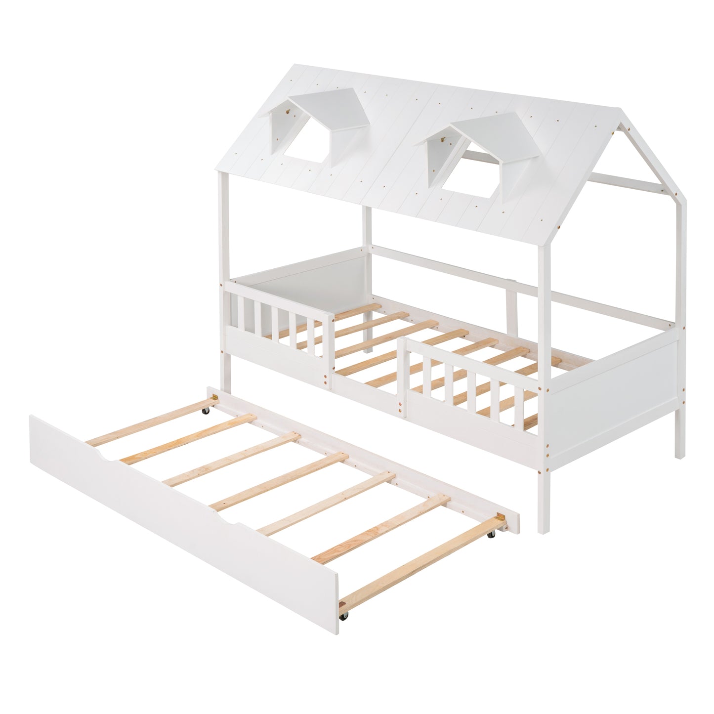 Twin Size House Bed Wood Bed with Twin Size Trundle ( White )