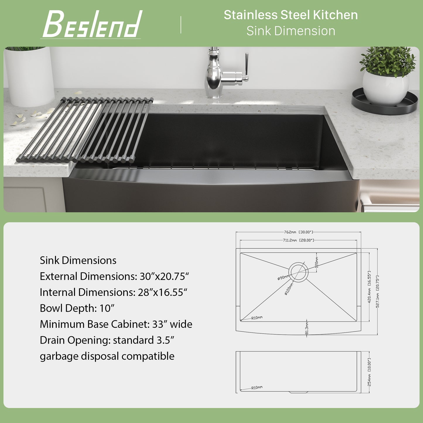 30 Inch Stainless Steel Black Farmhouse Sink with Nano Surface Technology