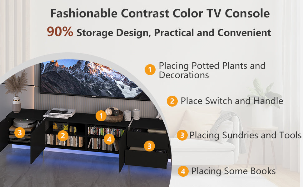 Modern Black TV Console with LED Lights and Storage Cabinets for 75 TV