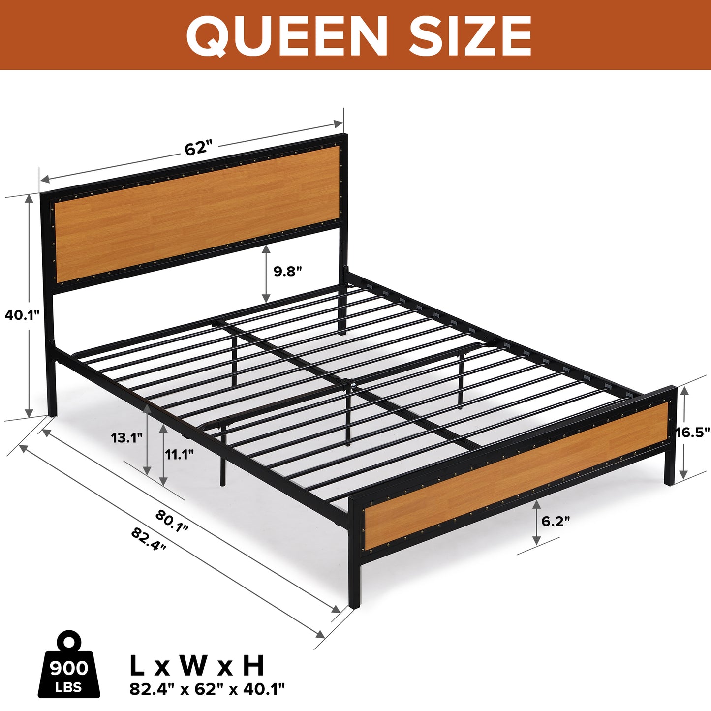 Industrial Platform Queen Bed Frame/Mattress Foundation with Rustic Headboard and Footboard, Strong Steel Slat Support, No Box Spring Needed, Noise Free, Easy Assembly