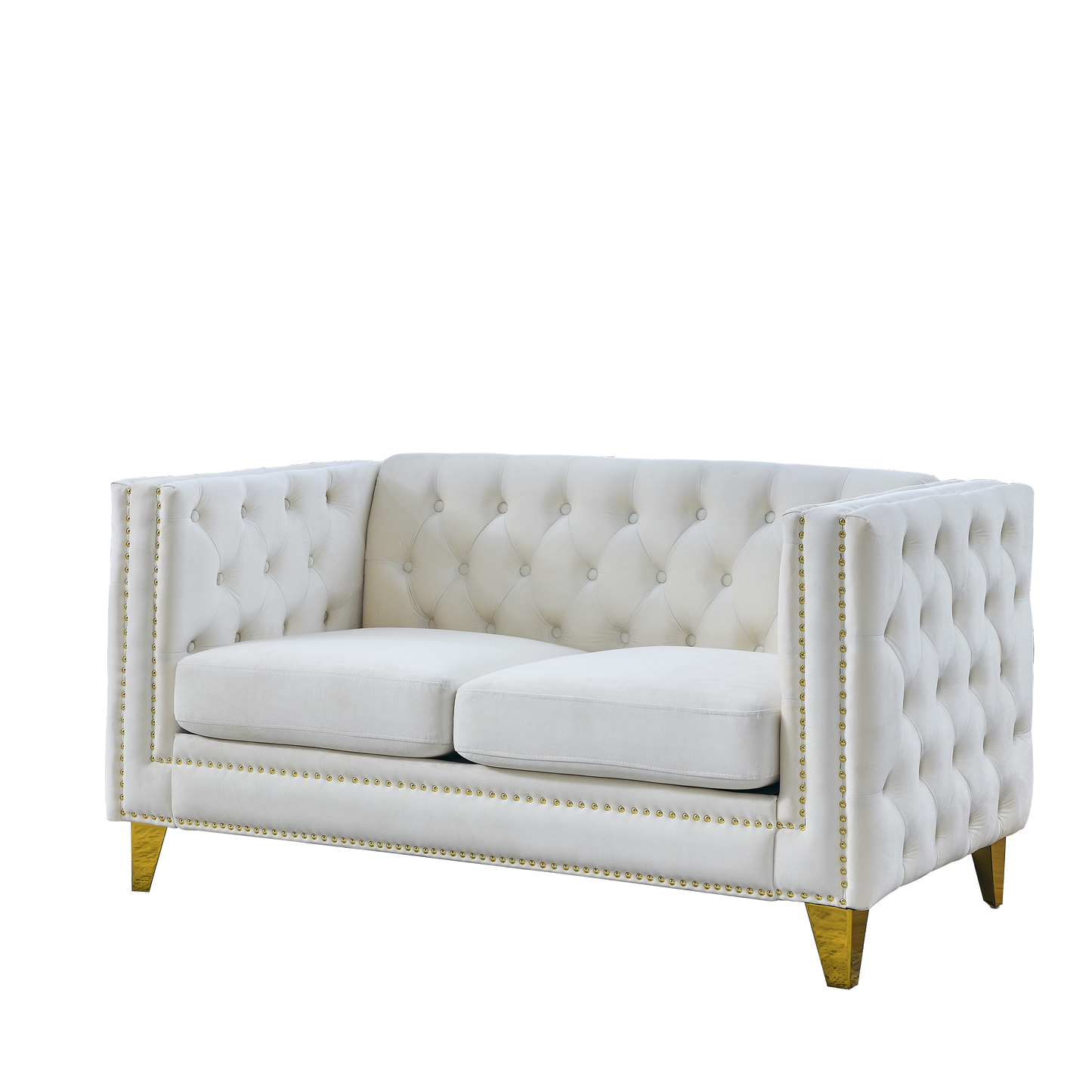 Velvet Sofa for Living Room,Buttons Tufted Square Arm Couch, Modern Couch Upholstered Button and Metal Legs, Sofa Couch for Bedroom, Beige Velvet-2S