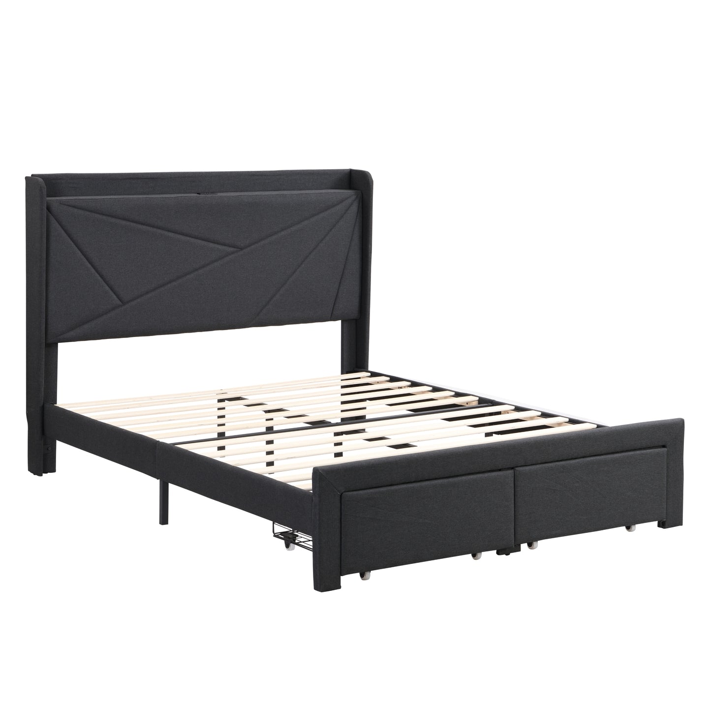 Full Size Bed Frame with 2 Storage Drawers, Upholstered Bed Frame with Wingback Headboard Storage Shelf Built-in USB Charging Stations and Strong Wood Slats Support, No Box Spring Needed, Dark Gray