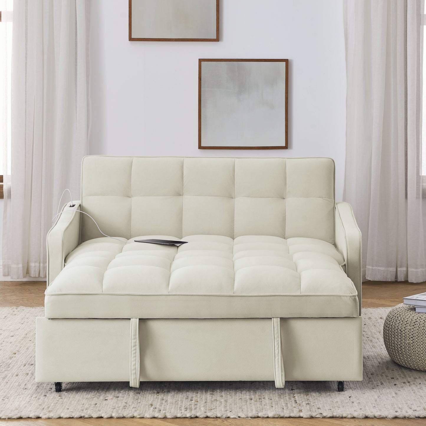 Loveseats Sofa Bed with Pull-out Bed,Adjsutable Back and Two Arm Pocket,TypeC and USB Charging with Copper nail,Beige (47"x53"x31")