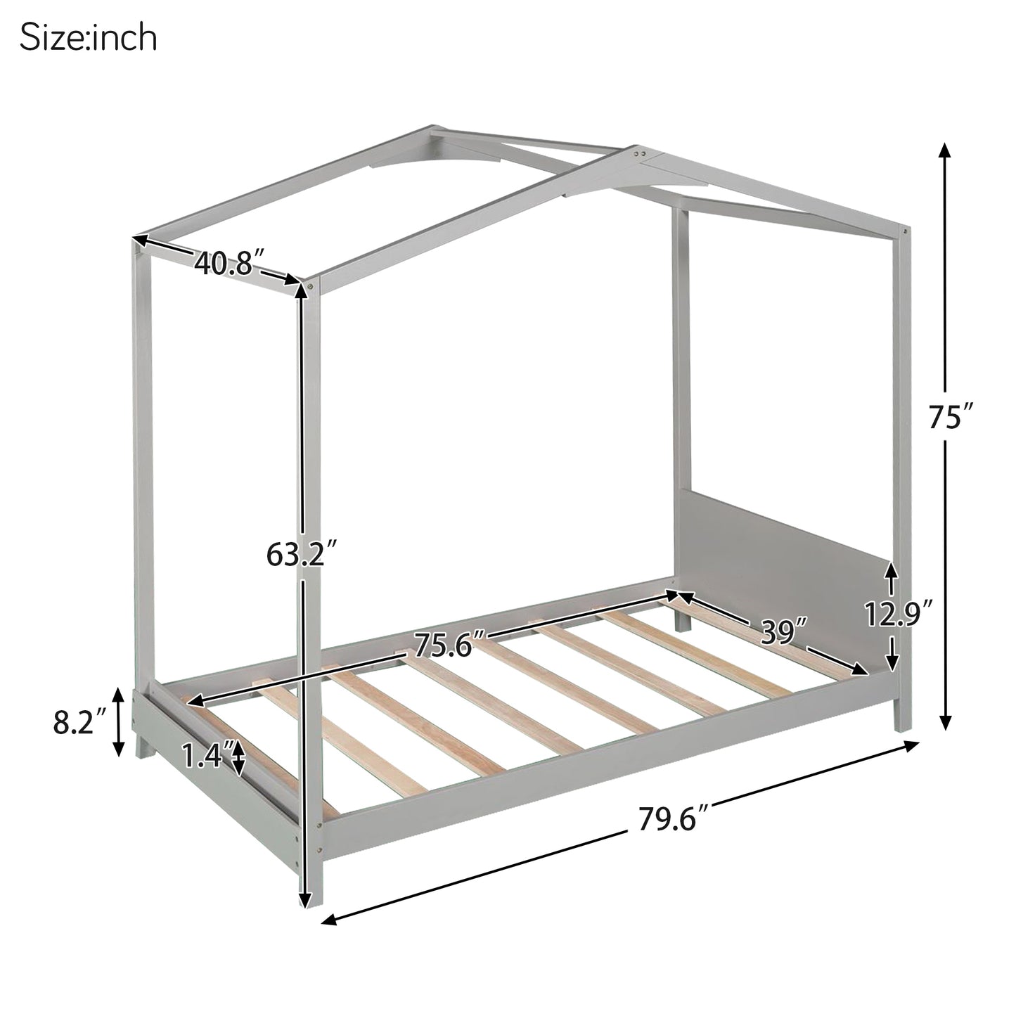 Twin Size House Platform Bed with Headboard,Gray