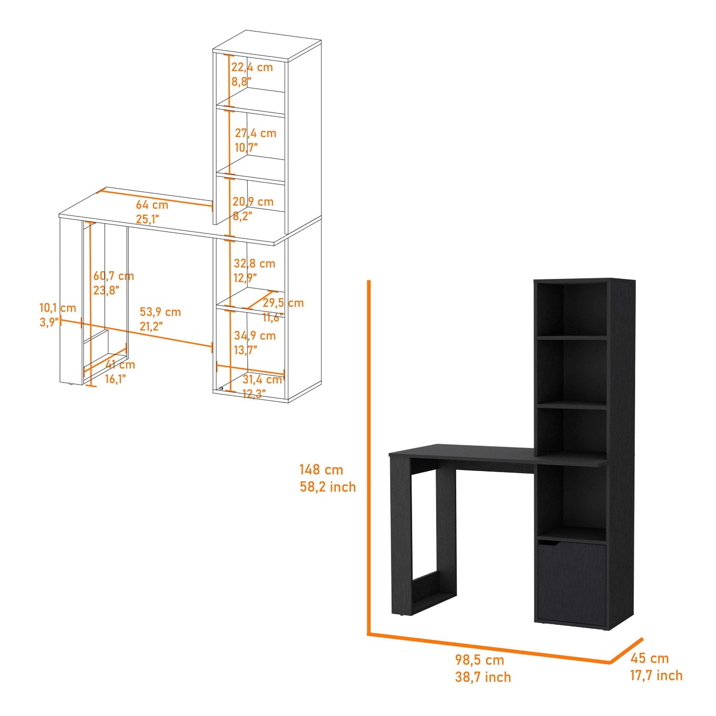 Modern Black Computer Desk with 4-Tier Bookcase and Cabinet