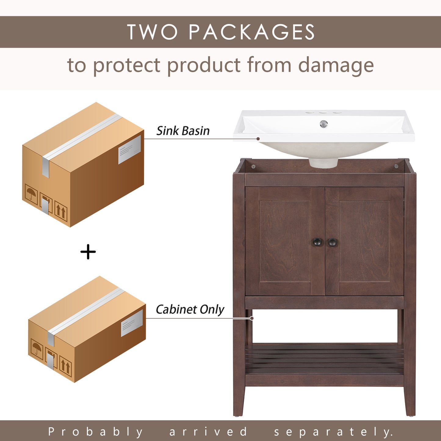 24" Brown Modern Sleek Bathroom Vanity Elegant Ceramic Sink with Solid Wood Frame Open Style Shelf