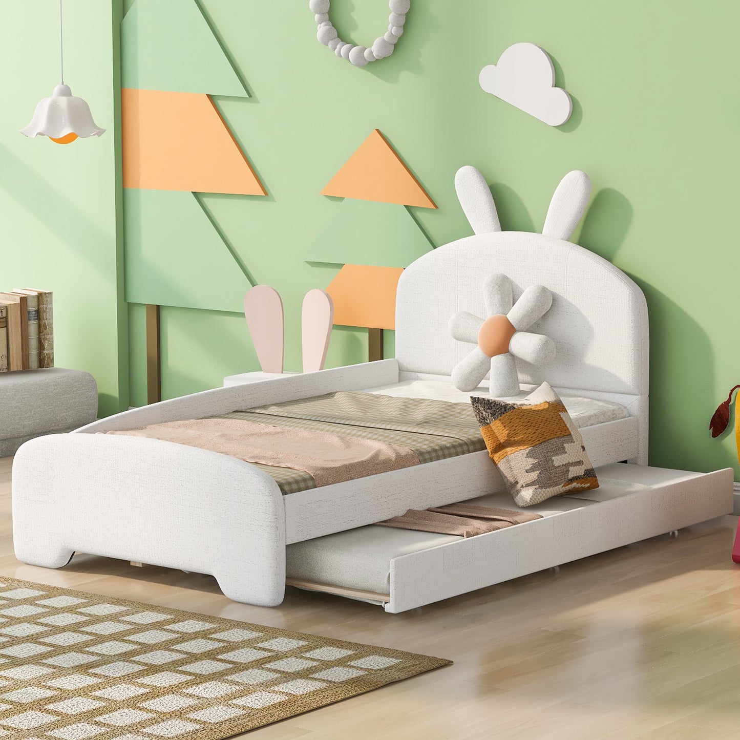 Twin Size Upholstered Platform Bed with Cartoon Ears Shaped Headboard and Trundle, White